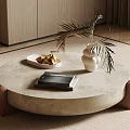 Light Beige Marble Coffee Table with Fruit Plate Vase and Black Notebook on Wooden Legs