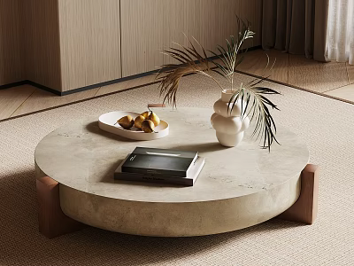 Light Beige Marble Coffee Table with Fruit Plate Vase and Black Notebook on Wooden Legs 3d model