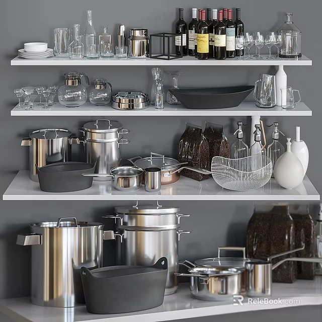 Organized Modern Kitchenware Set With Pots Pans Glasses Bowls Jars Bottles And Colander On Shelves 3d model 