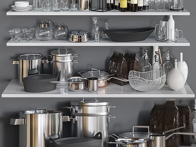 Organized Modern Kitchenware Set With Pots Pans Glasses Bowls Jars Bottles And Colander On Shelves 3d model