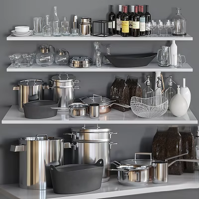 Organized Modern Kitchenware Set With Pots Pans Glasses Bowls Jars Bottles And Colander On Shelves 3d model