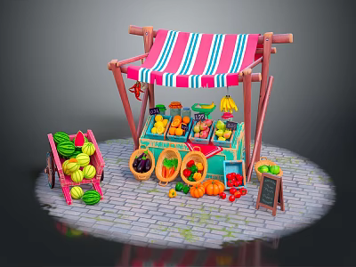Colorful Fruit Stall With Pink White Striped Awning Wooden Frame Fresh Fruits And Stone Pavement 3d model