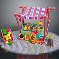 Colorful Fruit Stall With Pink White Striped Awning Wooden Frame Fresh Fruits And Stone Pavement