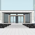 Modern Building Main Entrance Gate With Glass Doors Wooden Slats And Landscaping