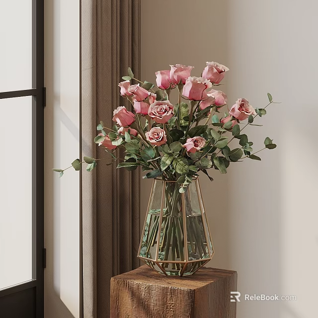 Pink Roses Bouquet In Geometric Glass Vase On Wooden Table With Curtain And Window Background 3d model 