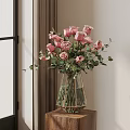 Pink Roses Bouquet In Geometric Glass Vase On Wooden Table With Curtain And Window Background