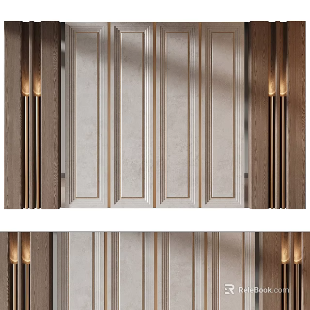 Elegant Modern Interior Wall Design With Wooden Panels Stone Texture And Wall Lamps 3d model 