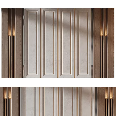 Elegant Modern Interior Wall Design With Wooden Panels Stone Texture And Wall Lamps 3d model
