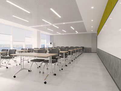 Modern School Classroom Interior With Rows Of Tables And Chairs Large Windows Ceiling Lights 3d model