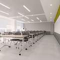 Modern School Classroom Interior With Rows Of Tables And Chairs Large Windows Ceiling Lights