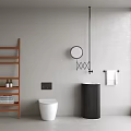 Modern Minimalist Bathroom Interior With White Freestanding Bathtub Wooden Ladder Shelf And Large Window
