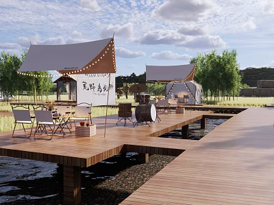 Scenic Park Landscape With Wooden Boardwalk Tents String Lights And Outdoor Seating 3d model