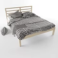 Stylish Double Bed With Wooden Headboard Checkered Bedspread and Plush Pillows 3d model