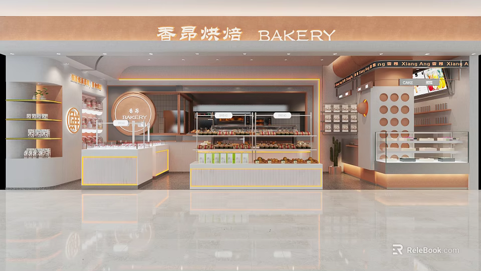 Modern Style Bakery Interior With Bright Display Cases And Fresh Pastries 3d model