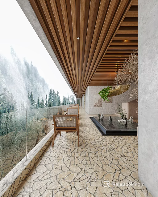 Hotel Corridor Design Featuring Wooden Ceiling Large Windows Mountain View And Stone Floor 3d model
