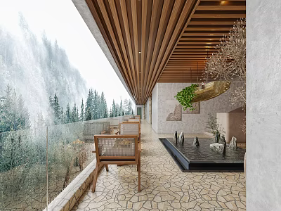 Hotel Corridor Design Featuring Wooden Ceiling Large Windows Mountain View And Stone Floor 3d model