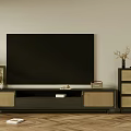 Modern TV Stand With Black TV Woven Panels And Herringbone Wooden Floor Decor