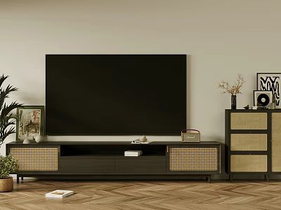 Modern TV Stand With Black TV Woven Panels And Herringbone Wooden Floor Decor 3d model