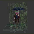 Man Standing in Rain Holding Blue Umbrella Wearing Suit and Tie with Briefcase Near Puddles