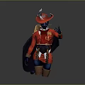 Striking Game And Movie Character With Red Coat Blue Skin Feathered Hat Cape And Badge