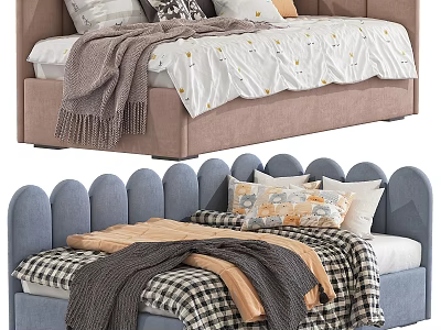 Cozy Kids Bed with Scalloped Headboard Blue Tan Blankets and Pillows 3d model