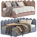 Cozy Kids Bed with Scalloped Headboard Blue Tan Blankets and Pillows