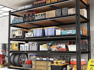 Organized Garage With Metal Shelving Unit Tools Storage Bins Toolboxes And Tire 3d model