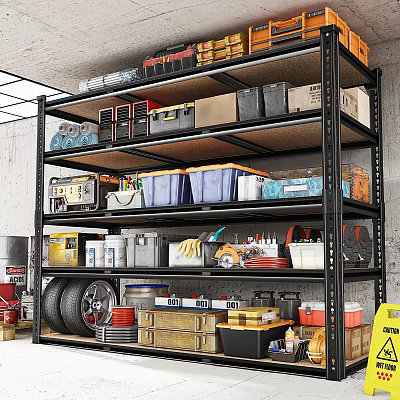 Organized Garage With Metal Shelving Unit Tools Storage Bins Toolboxes And Tire 3d model