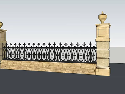 Building Exterior Wall With Stone Pillars Decorative Finials And Black Iron Fence 3d model