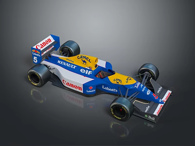 Vintage Formula 1 Race Car With Canon Renault Elf Ligier Logos Blue Yellow White 3d model