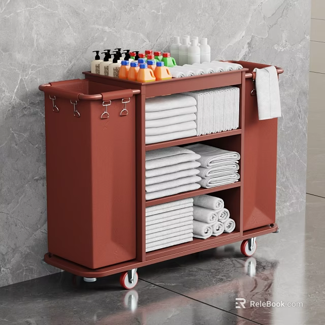 Red Service Cart With Multiple Shelves Towels Toiletries And Wheels 3d model 