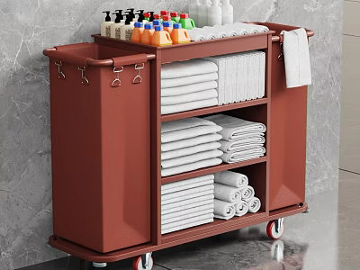 Red Service Cart With Multiple Shelves Towels Toiletries And Wheels 3d model
