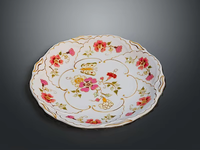 Home Living Essential Elegant Porcelain Plate With Floral Butterfly Patterns And Golden Rim 3d model