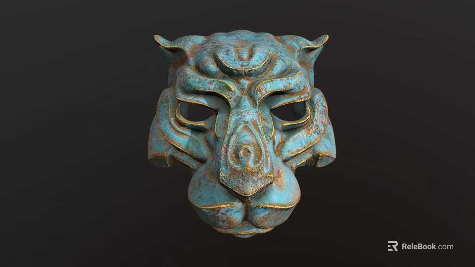 Turquoise Lion Mask With Horns And Textured Surface On Dark Background 3d model 