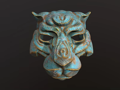 Turquoise Lion Mask With Horns And Textured Surface On Dark Background 3d model