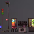 Urban Street Scene Components With Traffic Light No Parking Sign Vending Machine And Neon Billboards