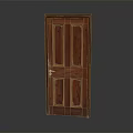Wooden Hinged Door With Panel Design And Metal Handle Isolated On Gray Background