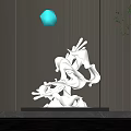 White Flowing Sculpture Against Dark Vertical Striped Wall With Green Plants And Water Reflection Below