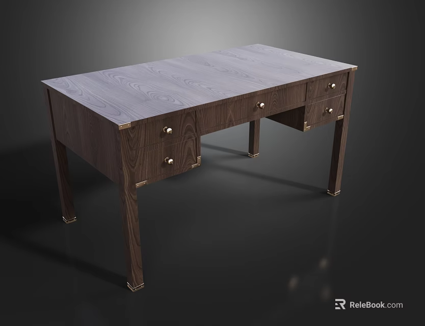 Modern Wooden Desk With Gray Tabletop And Dark Brown Legs And Drawers 3d model 