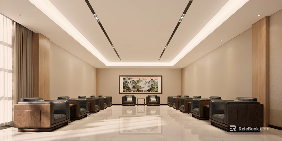 Spacious Hotel Public Lounge With Comfortable Seating Landscape Painting Modern Lighting And Marble Floor 3d model 