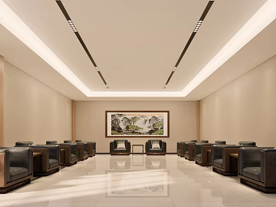 Spacious Hotel Public Lounge With Comfortable Seating Landscape Painting Modern Lighting And Marble Floor 3d model