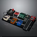 Guitar Effects Pedals In Various Colors Arranged On Black Pedalboard With Cables