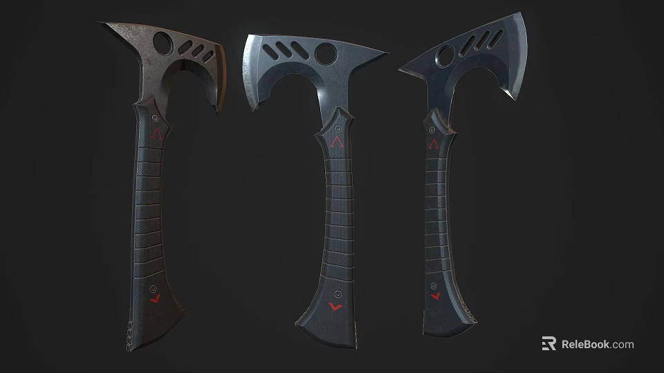 Handcrafted Battle Axes With Unique Metal Blades Black Handles And Red Accents 3d model 