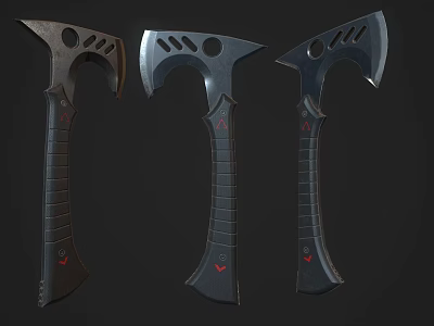 Handcrafted Battle Axes With Unique Metal Blades Black Handles And Red Accents 3d model