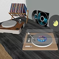 High Quality Audio Turntable Setup With CD Discs Vinyl Records And Holder On Desk