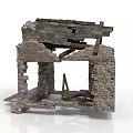 Old Stone Architectural Components Featuring Wooden Beams Dilapidated Roof And Internal Support Structures 3d model