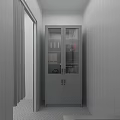 Compact Industrial Equipment Setup in Narrow Space with Sink Mirror Refrigerator and Checkerboard Floor Tiles