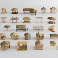 Assorted Wooden Huts with Straw Roofs Showcasing Various Styles and Designs 3d model