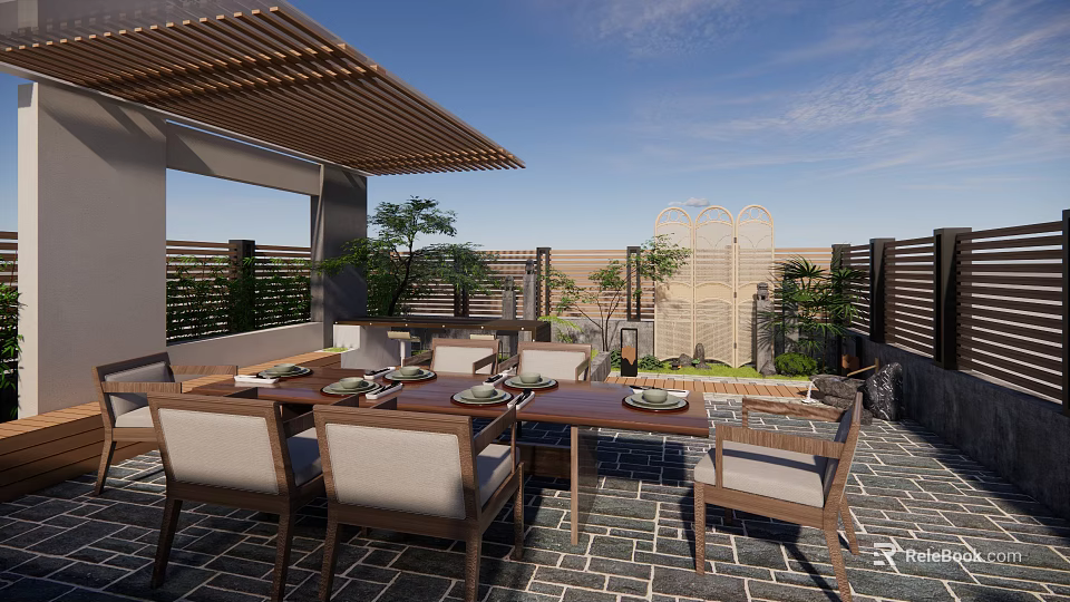 Serene Courtyard Garden Featuring Covered Dining Table Chairs Lush Greenery Stone Paved Floor Wooden Fence 3d model 