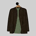 Brown Open Front Coat With Green Checkered Inner Layer And Side Pockets 3d model
